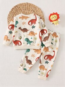 SHEIN Playful Pals 2pcs Baby Boy Sweatshirt Pants Set Cute Beige Green Dino Print Snaps Drawstring Long Sleeve Round Neck Regular Birthday Fall Halloween Holiday Cuffs - Multicolor - View 2