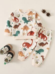 SHEIN Playful Pals 2pcs Baby Boy Sweatshirt Pants Set Cute Beige Green Dino Print Snaps Drawstring Long Sleeve Round Neck Regular Birthday Fall Halloween Holiday Cuffs - Multicolor - View 1