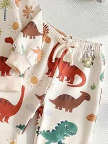 SHEIN Playful Pals 2pcs Baby Boy Sweatshirt Pants Set Cute Beige Green Dino Print Snaps Drawstring Long Sleeve Round Neck Regular Birthday Fall Halloween Holiday Cuffs - Multicolor - View 6