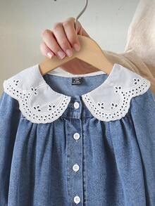 SHEIN 2件組女嬰休閒可愛Daddy's Girl鄉村風彼得潘領牛仔套裝，秋冬款寶藍色校園家庭親子套裝淺藍色 - 藍色 - 查看 5