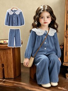 SHEIN 2件組女嬰休閒可愛Daddy's Girl鄉村風彼得潘領牛仔套裝，秋冬款寶藍色校園家庭親子套裝淺藍色 - 藍色 - 查看 4