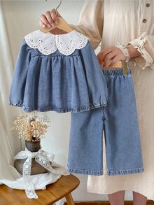 SHEIN 2件組女嬰休閒可愛Daddy's Girl鄉村風彼得潘領牛仔套裝，秋冬款寶藍色校園家庭親子套裝淺藍色 - 藍色 - 查看 3