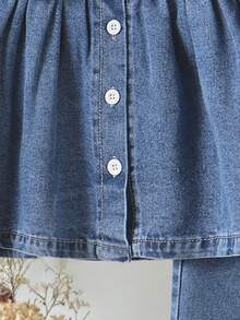 SHEIN 2件組女嬰休閒可愛Daddy's Girl鄉村風彼得潘領牛仔套裝，秋冬款寶藍色校園家庭親子套裝淺藍色 - 藍色 - 查看 7