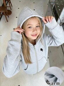 Elladie kids (小女孩) 春/秋/冬返校休閒時尚新款衛衣牛仔褲套裝，灰色衛衣正面印黑色小馬圖案，簡約甜美百搭酷萌俏皮，適合日常上學、外出、度假、派對、節日 - 灰色 - 查看 10