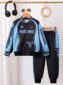 2pcs/Set Young Boy Racing Car Print Baseball Jacket&Elastic Waist Pants,Blue&Black Color Blocking,Spring/Autumn,Career Day,Back-To-School,Outdoor Wear - Blue - View 2