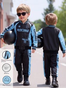2pcs/Set Young Boy Racing Car Print Baseball Jacket&Elastic Waist Pants,Blue&Black Color Blocking,Spring/Autumn,Career Day,Back-To-School,Outdoor Wear - Blue - View 7