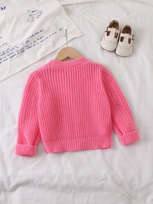 SHEIN 女童純色長袖單排扣休閒針織開襟衫 秋冬款 - 玫紅色 - 查看 9
