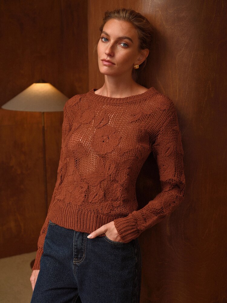 MOTF PREMIUM WOMEN SOLID FLORAL PATTERN POINTELLE KNIT SWEATER - Burgundy - View 5