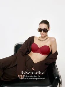 SHEIN Women's Solid Color Comfortable Bandeau Bra - Burgundy - View 2