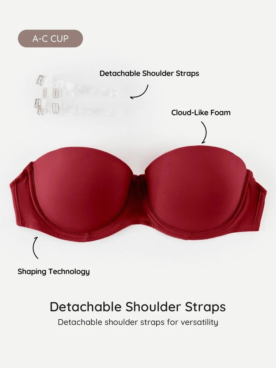 SHEIN Women's Solid Color Comfortable Bandeau Bra - Burgundy - View 1