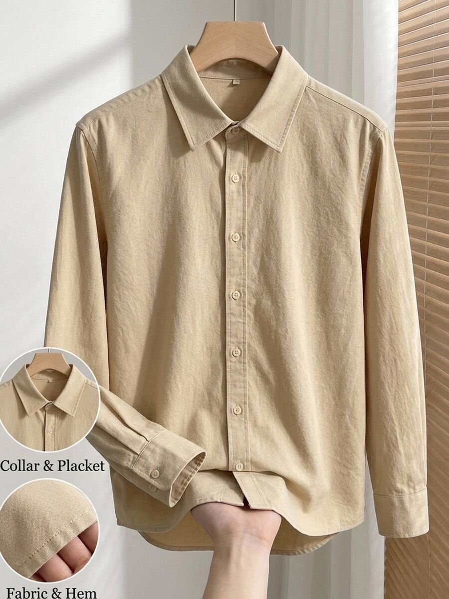 Manfinity CityGents Men's Cotton Khaki Autumn Basic Business Casual Office Party Formal Vacation Beach Stand-Up Collar Solid Color Button Long Sleeve Shirt - Beige - View 1