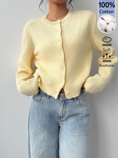 SHEIN BASICS Women's Solid Color Single-Breasted Casual Versatile Daily Teacher Outing Long Sleeve Cardigan Back-To-School Teachers' Day Pale Yellow Autumn Office