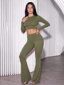 Slayform Slayform Women's Solid Color Long Sleeve Backless Top And Leggings Sports Set, Suitable For Running, Yoga - Army Green - View 5