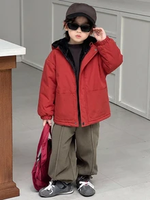 DAZY Áo khoác mùa đông có mũ kéo khóa tay dài màu trơn cho bé trai - Đỏ - Xem 8