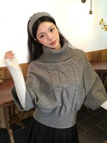 DAZY Women's Korean Style Solid Color High Neck Knit Sweater - Grey - View 8
