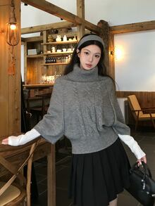 DAZY Women's Korean Style Solid Color High Neck Knit Sweater - Grey - View 10