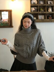 DAZY Women's Korean Style Solid Color High Neck Knit Sweater - Grey - View 9
