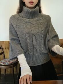 DAZY Women's Korean Style Solid Color High Neck Knit Sweater - Grey - View 3