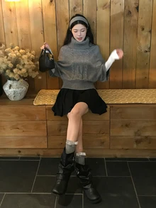 DAZY Women's Korean Style Solid Color High Neck Knit Sweater - Grey - View 7