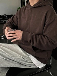 DAZY Men Solid Drop Shoulder Thermal Hoodie - Brown - View 9
