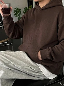 DAZY Men Solid Drop Shoulder Thermal Hoodie - Brown - View 4