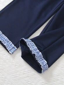 DAZY Girls' Autumn Navy Blue Bow Long Sleeve Top And Lace Trim Pants 2 Pieces Set - Navy Blue - View 4