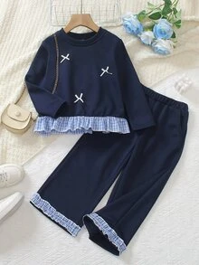 DAZY Girls' Autumn Navy Blue Bow Long Sleeve Top And Lace Trim Pants 2 Pieces Set - Navy Blue - View 1