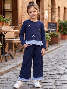 DAZY Girls' Autumn Navy Blue Bow Long Sleeve Top And Lace Trim Pants 2 Pieces Set - Navy Blue - View 8