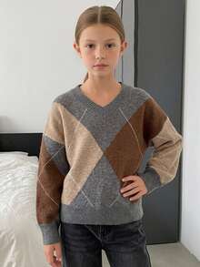 DAZY Tween Girl) Plaid Colorblock Loose Casual Long Sleeve V-Neck Thick Sweater, Autumn/Winter - Khaki - View 7
