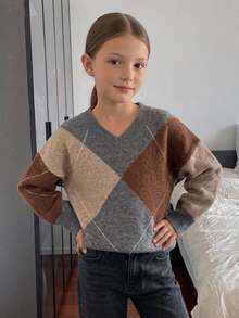 DAZY Tween Girl) Plaid Colorblock Loose Casual Long Sleeve V-Neck Thick Sweater, Autumn/Winter - Khaki - View 2