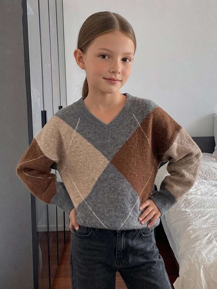 DAZY Tween Girl) Plaid Colorblock Loose Casual Long Sleeve V-Neck Thick Sweater, Autumn/Winter - Khaki - View 2