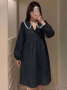 DAZY Women's Casual Lace Patchwork Plaid Long Sleeve Nightgown - Blue - View 4