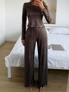 Livesso Women's Leopard Print Long Sleeve Top And Pants Casual Daily Home Sleepwear Set - Coffee Brown - View 6