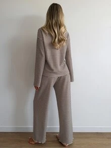 Livesso Women's Striped Colorblock Long Sleeve Top And Pants Loungewear Set - Apricot - View 2