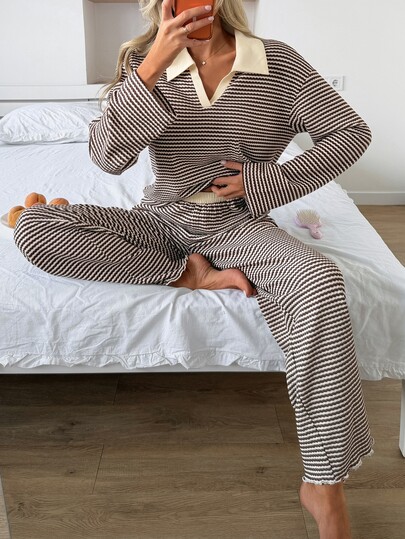 Livesso Conjunto de ropa de estar en casa para mujer con top de manga larga a rayas y bloques de color y pantalones