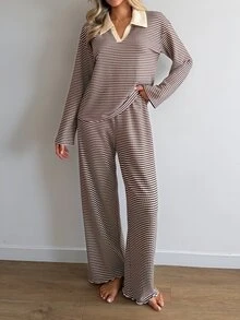 Livesso Women's Striped Colorblock Long Sleeve Top And Pants Loungewear Set - Apricot - View 6