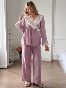 DAZY Women's Lace Patchwork Tie-Front Wrap Top & Pants Pajama Set - Pink - View 11