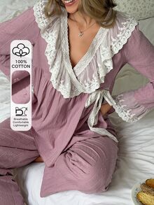 DAZY Women's Lace Patchwork Tie-Front Wrap Top & Pants Pajama Set - Pink - View 5