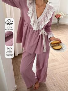 DAZY Women's Lace Patchwork Tie-Front Wrap Top & Pants Pajama Set - Pink - View 3