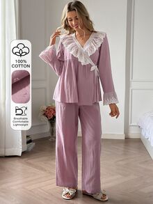 DAZY Women's Lace Patchwork Tie-Front Wrap Top & Pants Pajama Set - Pink - View 4