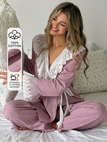 DAZY Women's Lace Patchwork Tie-Front Wrap Top & Pants Pajama Set - Pink - View 1