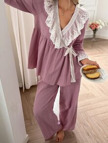 DAZY Women's Lace Patchwork Tie-Front Wrap Top & Pants Pajama Set - Pink - View 8