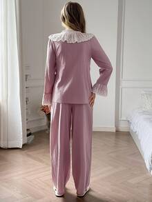 DAZY Women's Lace Patchwork Tie-Front Wrap Top & Pants Pajama Set - Pink - View 2