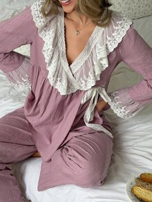 DAZY Women's Lace Patchwork Tie-Front Wrap Top & Pants Pajama Set - Pink - View 10