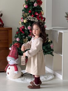 DAZY Baby Girl Round Neck Color Block Ruffle Cute Long Sleeve Dress - Beige - View 10