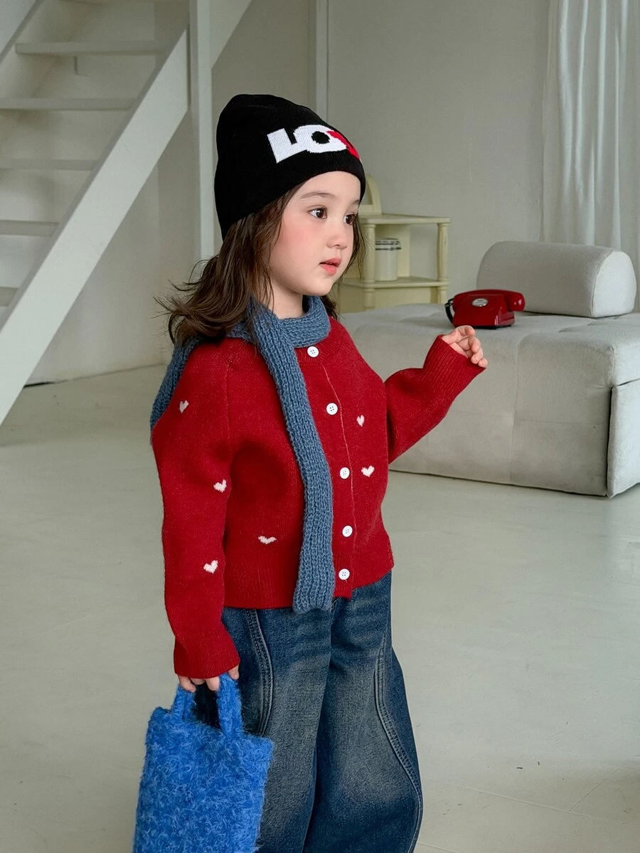 DAZY Infant/Toddler (Girl) Heart Pattern Long Sleeve Cardigan, Korean Style, Autumn/Winter - Red - View 1