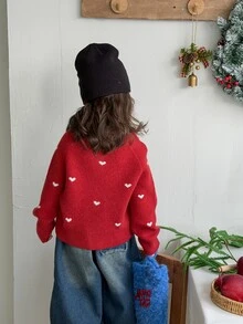 DAZY Infant/Toddler (Girl) Heart Pattern Long Sleeve Cardigan, Korean Style, Autumn/Winter - Red - View 2