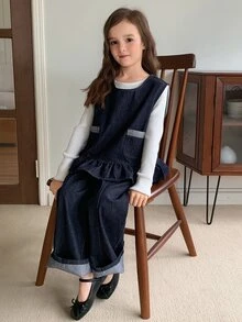 Dazy Kids Tween Girl) Sleeveless Denim Vest Top With Frill Trim + Straight Leg Casual Pants 2 Pieces Denim Set, Autumn/Winter - Dark Wash - View 9