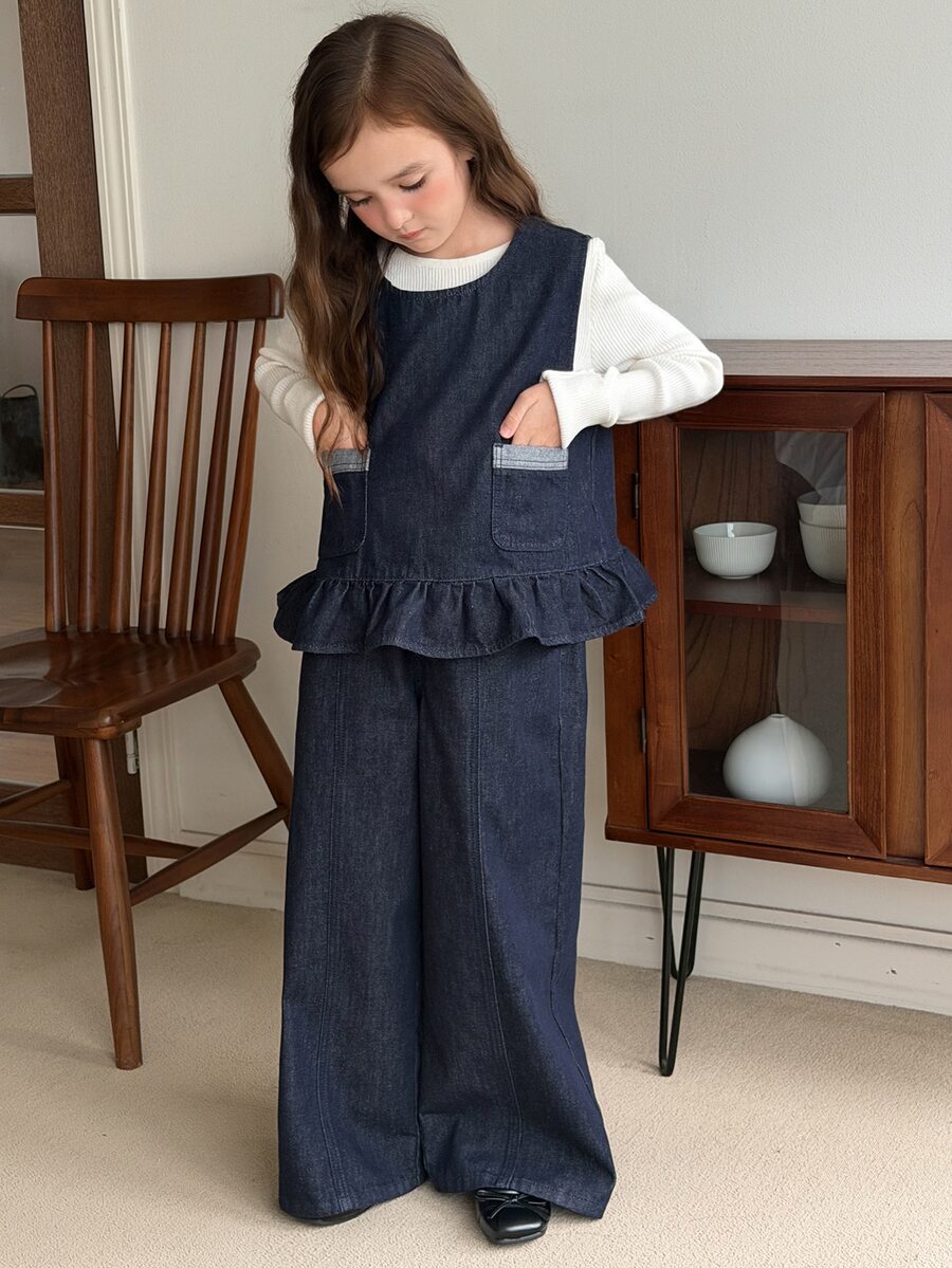 Dazy Kids Tween Girl) Sleeveless Denim Vest Top With Frill Trim + Straight Leg Casual Pants 2 Pieces Denim Set, Autumn/Winter - Dark Wash - View 1