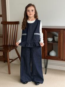 Dazy Kids Tween Girl) Sleeveless Denim Vest Top With Frill Trim + Straight Leg Casual Pants 2 Pieces Denim Set, Autumn/Winter - Dark Wash - View 3
